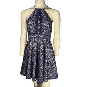 Stylestalker Blue Lace halter black tie party cocktail mini Dress Size Medium